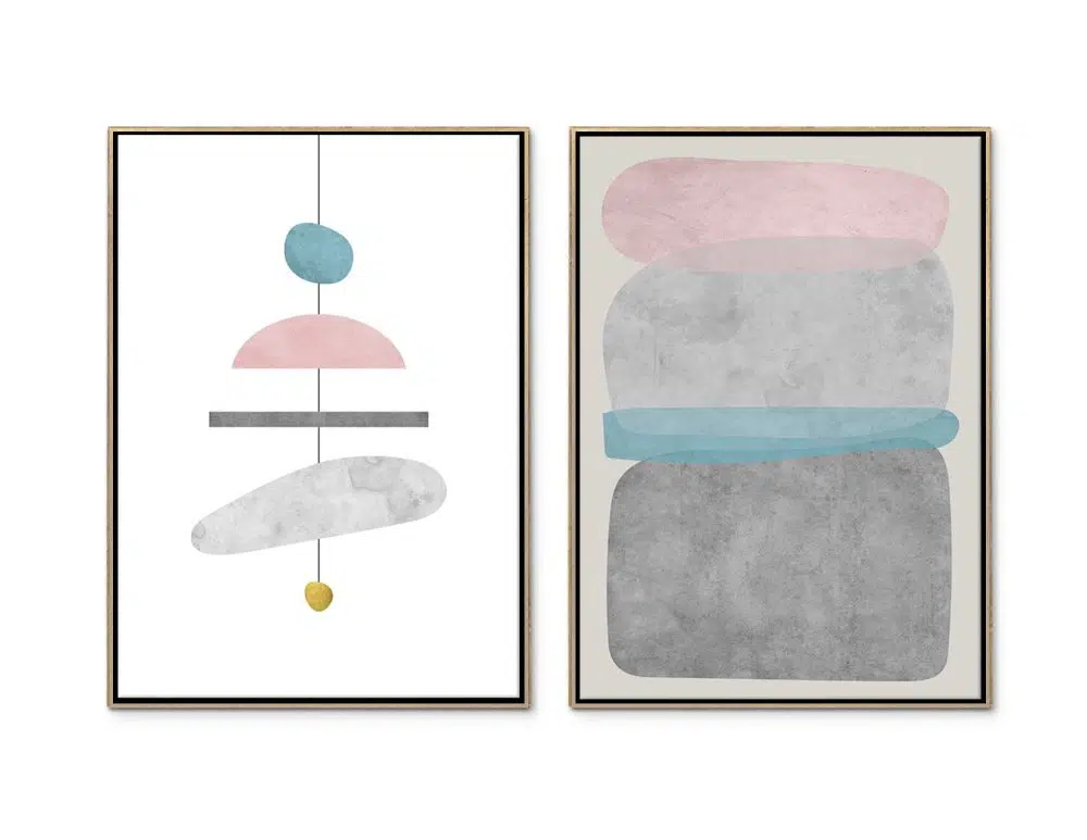 ⁦תמונות קנבס לסלון Chandelier Duo Grey Pink Mint - שני הדפסי קנבס ממוסגרים בפורמט מלבני בגווני אפור עם נגיעות ורוד טורקיז זהב⁩ – תמונה ⁦4⁩