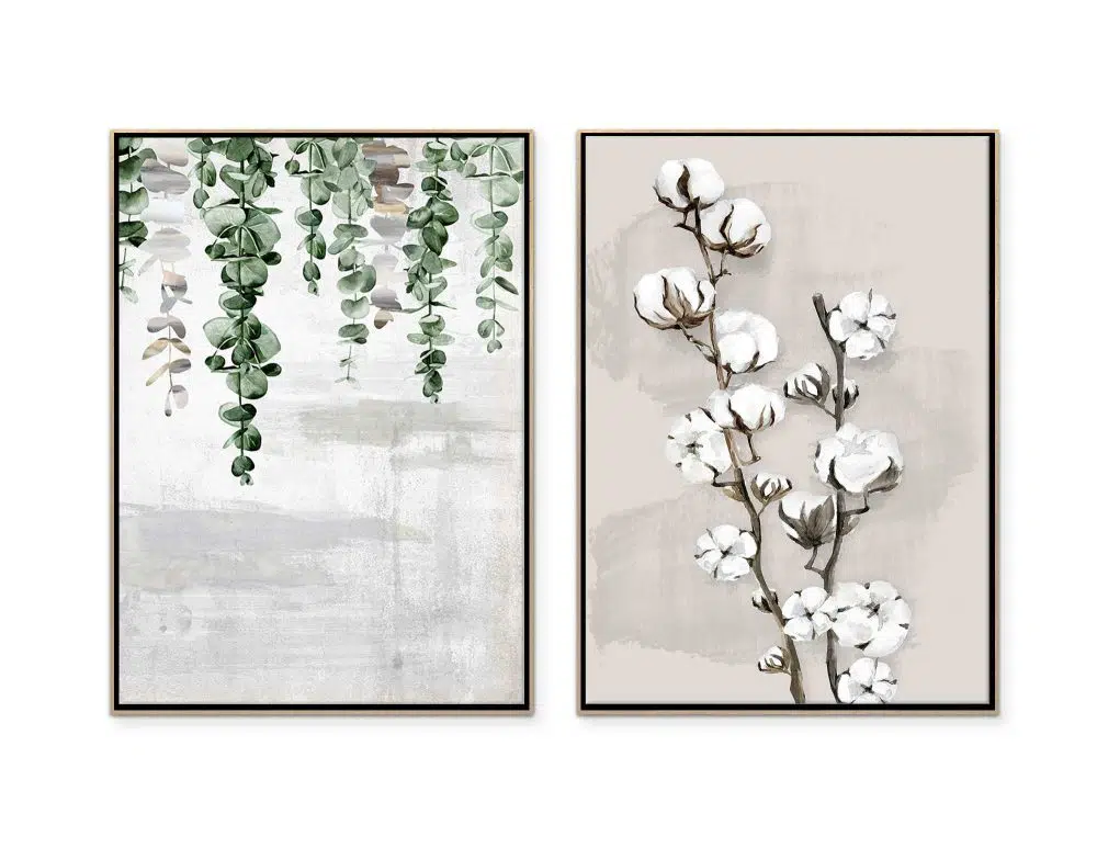 ⁦תמונות קנבס לסלון Soft Cotton & Fallen Leaves Beige - שני הדפסי קנבס ממוסגרים בפורמט מלבני בגווני בז׳ ירוק אפור⁩ – תמונה ⁦4⁩