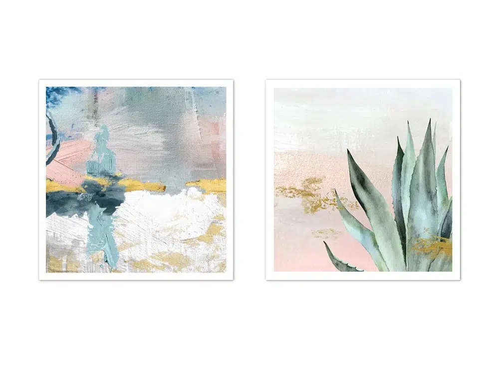 ⁦תמונות לבית Emotional Nature Pink Blue - שני הדפסי נייר ללא מסגרת בפורמט ריבועי בגווני ורוד כחול ירוק עם נגיעות זהב⁩ – תמונה ⁦5⁩