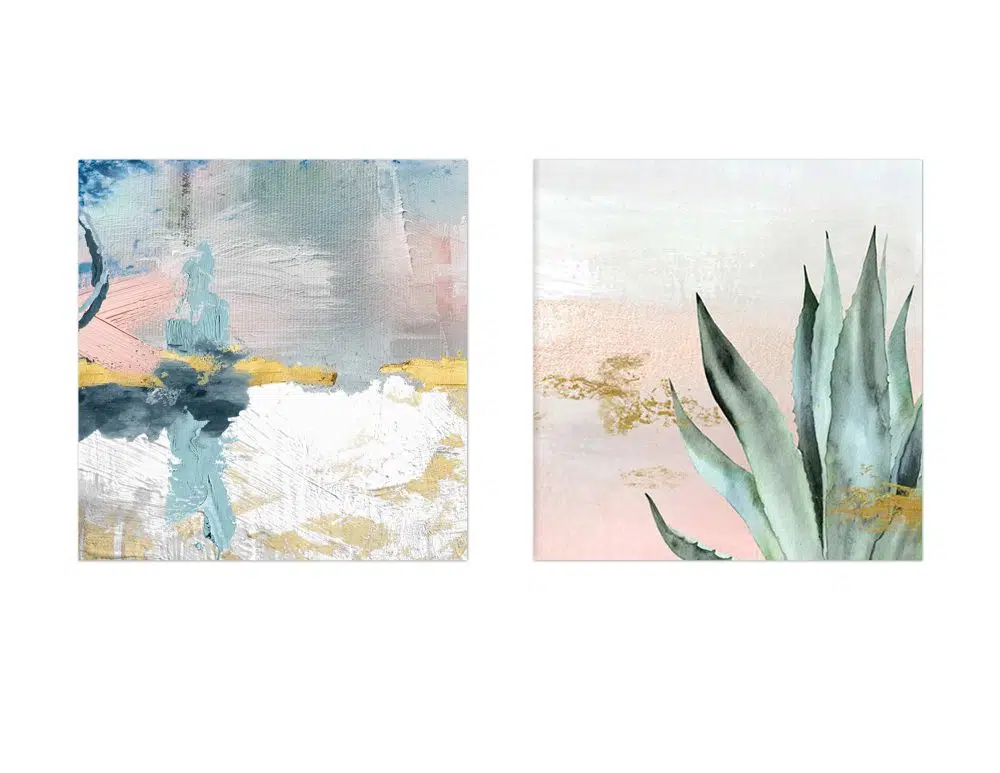 ⁦תמונות לבית Emotional Nature Pink Blue - שני הדפסי נייר ללא מסגרת בפורמט ריבועי בגווני ורוד כחול ירוק עם נגיעות זהב⁩ – תמונה ⁦4⁩