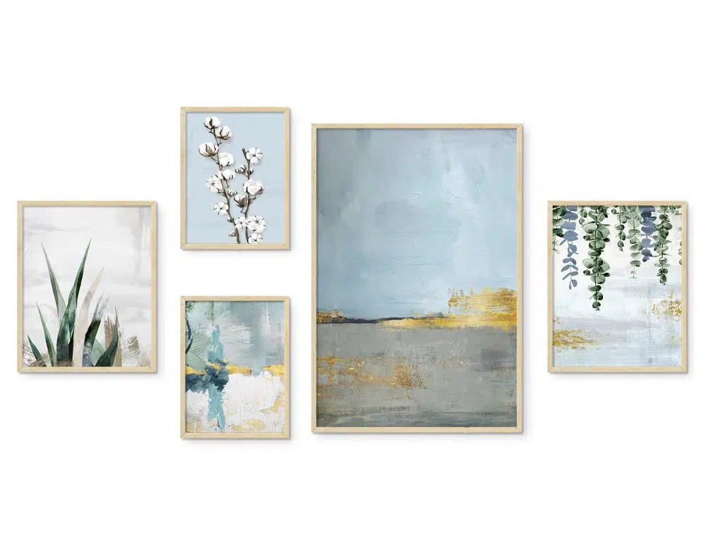⁦קולאז׳ תמונות קנבס Blue Horizon Gallery A - חמישה הדפסי קנבס ממוסגרים בפורמט מלבני בגווני כחול ירוק אפור עם נגיעות זהב⁩ – תמונה ⁦4⁩