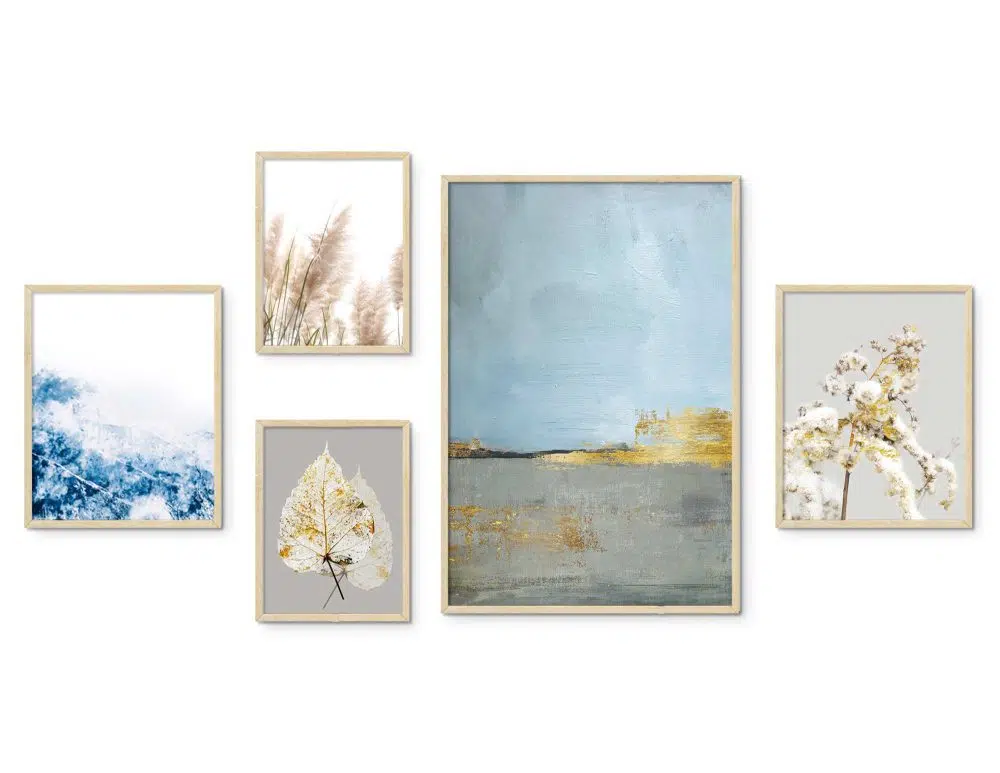 ⁦קולאז׳ תמונות קנבס Blue Horizon Gallery B - חמישה הדפסי קנבס ממוסגרים בפורמט מלבני בגווני כחול אפור עם נגיעות זהב⁩ – תמונה ⁦4⁩