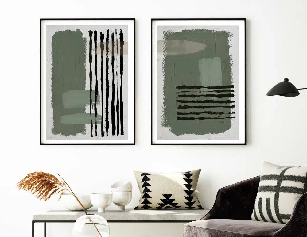 תמונות לסלון Green Beige Shapes Duo - שני הדפסי נייר ממוסגרים בפורמט מלבני בגווני ירוק בז׳