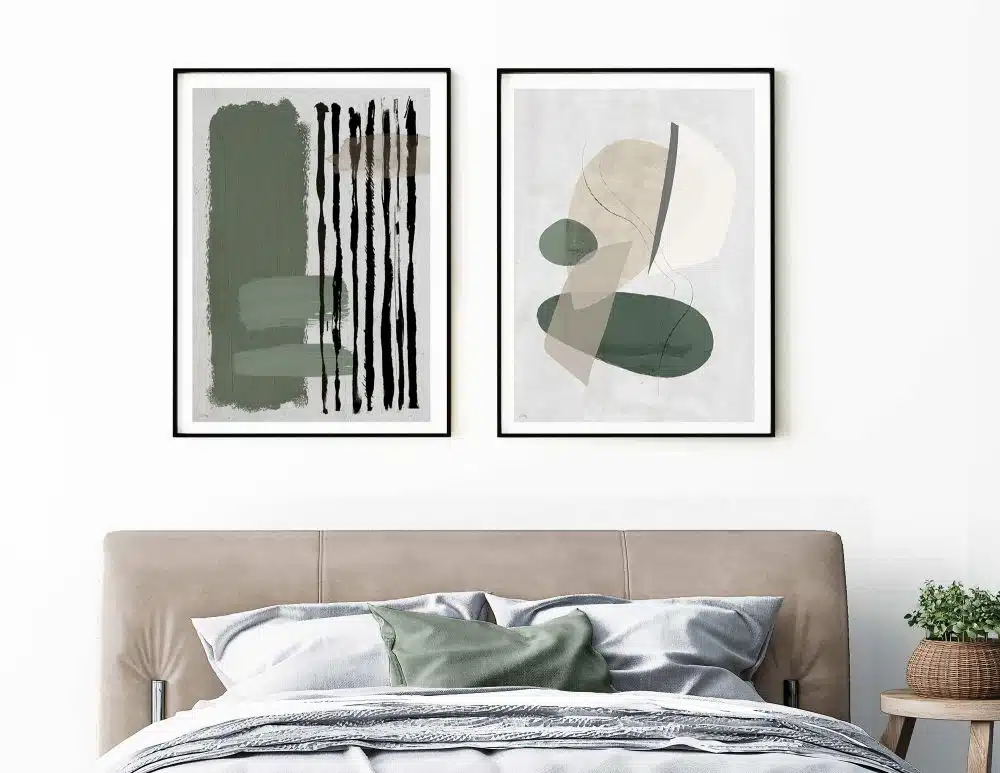 ⁦תמונות קנבס Green White Shapes Duo - שני הדפסי קנבס ממוסגרים בפורמט מלבני בגווני ירוק בז׳ לבן⁩ – תמונה ⁦4⁩