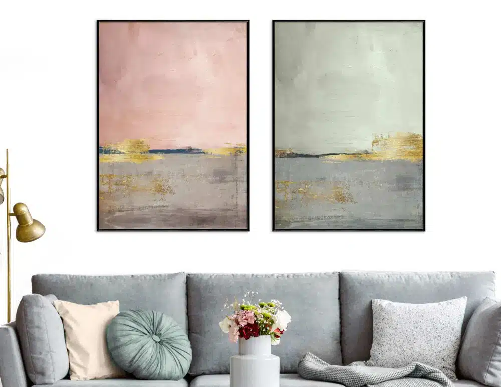 תמונות לסלון Horizon Duo Pink Green - שני הדפסי נייר ממוסגרים בפורמט מלבני בגווני ורוד ירוק אפור עם נגיעות כחול כהה וזהב