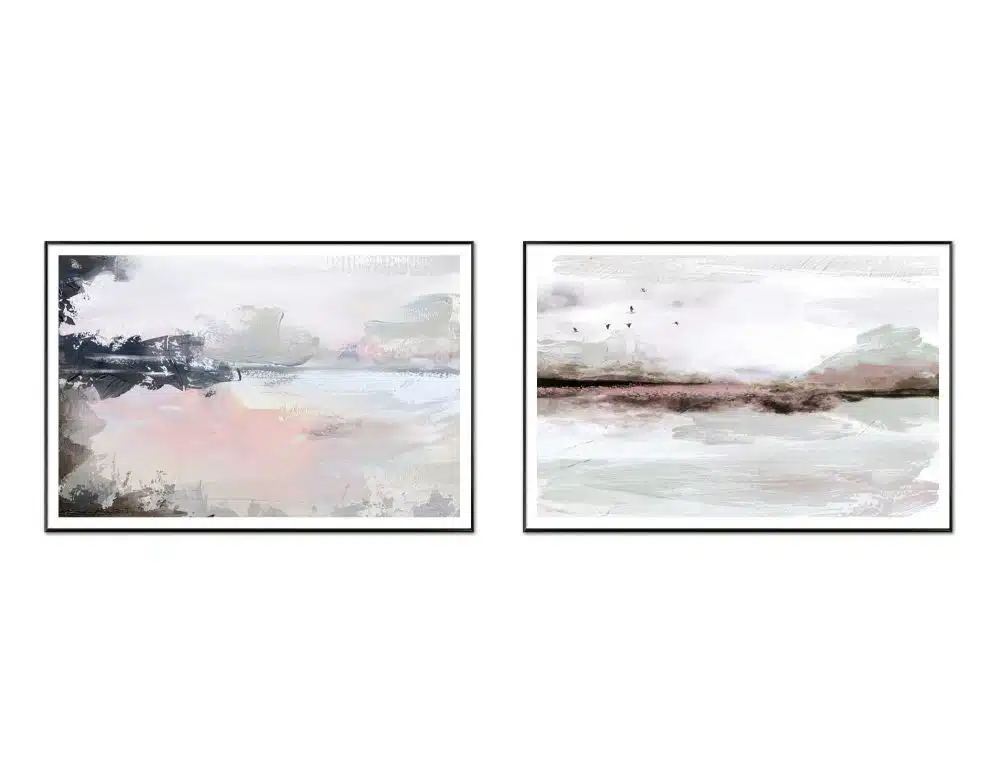⁦תמונות לסלון Winter Dawn Duo  - שני הדפסי נייר ממוסגרים בפורמט מלבני רוחבי בגווני שחור לבן עם נגיעות ורוד ירוק מעושן בז׳ ותכלת⁩ – תמונה ⁦4⁩