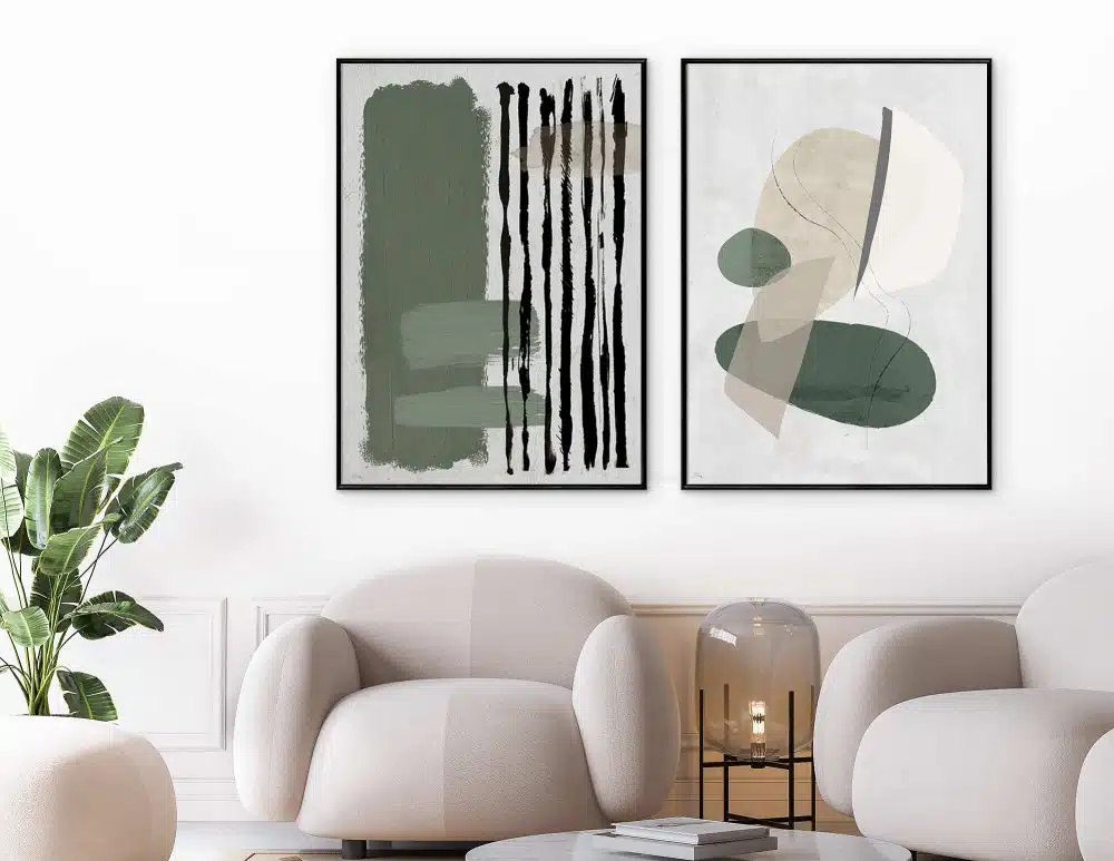 ⁦תמונות קנבס Green White Shapes Duo - שני הדפסי קנבס ממוסגרים בפורמט מלבני בגווני ירוק בז׳ לבן⁩ – תמונה ⁦3⁩