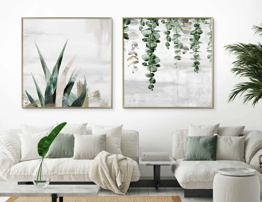 תמונות לבית Fallen Leaves Growth Beige - שני הדפסי נייר ללא מסגרת בפורמט ריבועי בגווני ירוק אפור עם נגיעות בז׳ וברונזה
