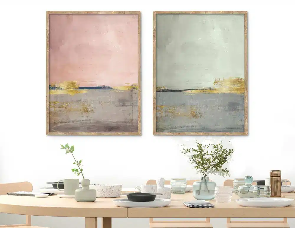 ⁦תמונות לסלון Horizon Duo Pink Green - שני הדפסי נייר ממוסגרים בפורמט מלבני בגווני ורוד ירוק אפור עם נגיעות כחול כהה וזהב⁩ – תמונה ⁦3⁩