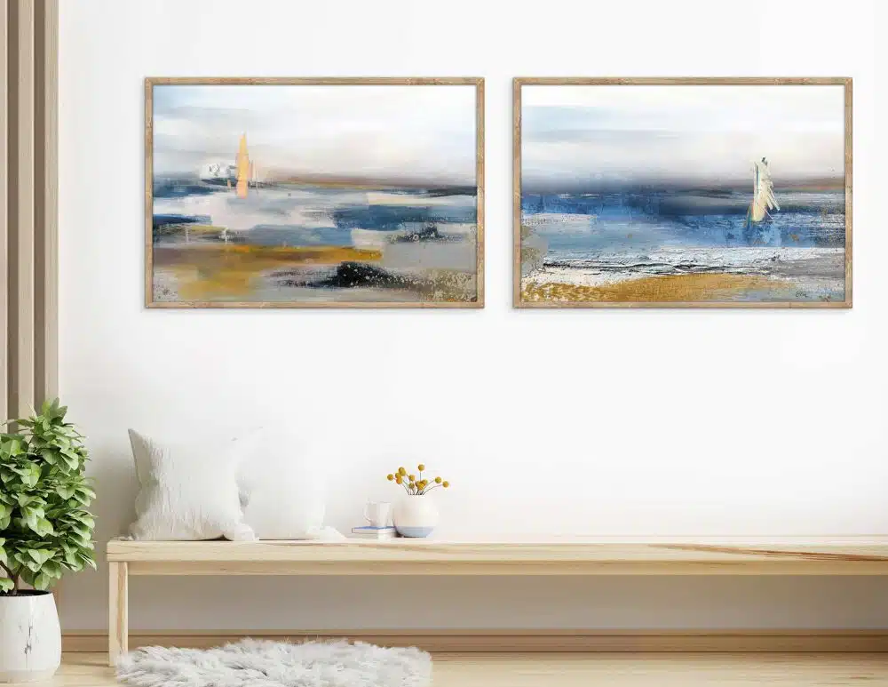 ⁦תמונות לבית Wavy Shore Duo - שני הדפסי נייר ללא מסגרת בפורמט מלבני רוחבי בגווני כחול חרדל אפור לבן עם נגיעות שחור זהב⁩ – תמונה ⁦3⁩
