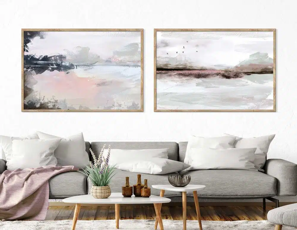 ⁦תמונות לבית Winter Dawn Duo - שני הדפסי נייר ללא מסגרת בפורמט מלבני רוחבי בגווני שחור לבן עם נגיעות ורוד ירוק מעושן בז׳ ותכלת⁩ – תמונה ⁦3⁩