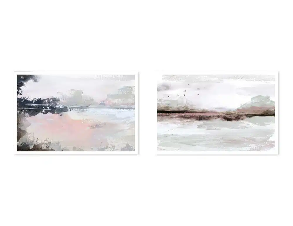 ⁦תמונות לבית Winter Dawn Duo - שני הדפסי נייר ללא מסגרת בפורמט מלבני רוחבי בגווני שחור לבן עם נגיעות ורוד ירוק מעושן בז׳ ותכלת⁩ – תמונה ⁦5⁩