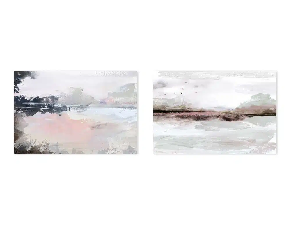 ⁦תמונות לבית Winter Dawn Duo - שני הדפסי נייר ללא מסגרת בפורמט מלבני רוחבי בגווני שחור לבן עם נגיעות ורוד ירוק מעושן בז׳ ותכלת⁩ – תמונה ⁦4⁩