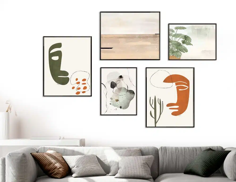 ⁦קולאז׳ תמונות קנבס Tribal Vibes Gallery - חמישה הדפסי קנבס ממוסגרים בפורמט מלבני בגווני ירוק אדמה חמרה לבן ובז׳ עם נגיעות שחור⁩ – תמונה ⁦4⁩