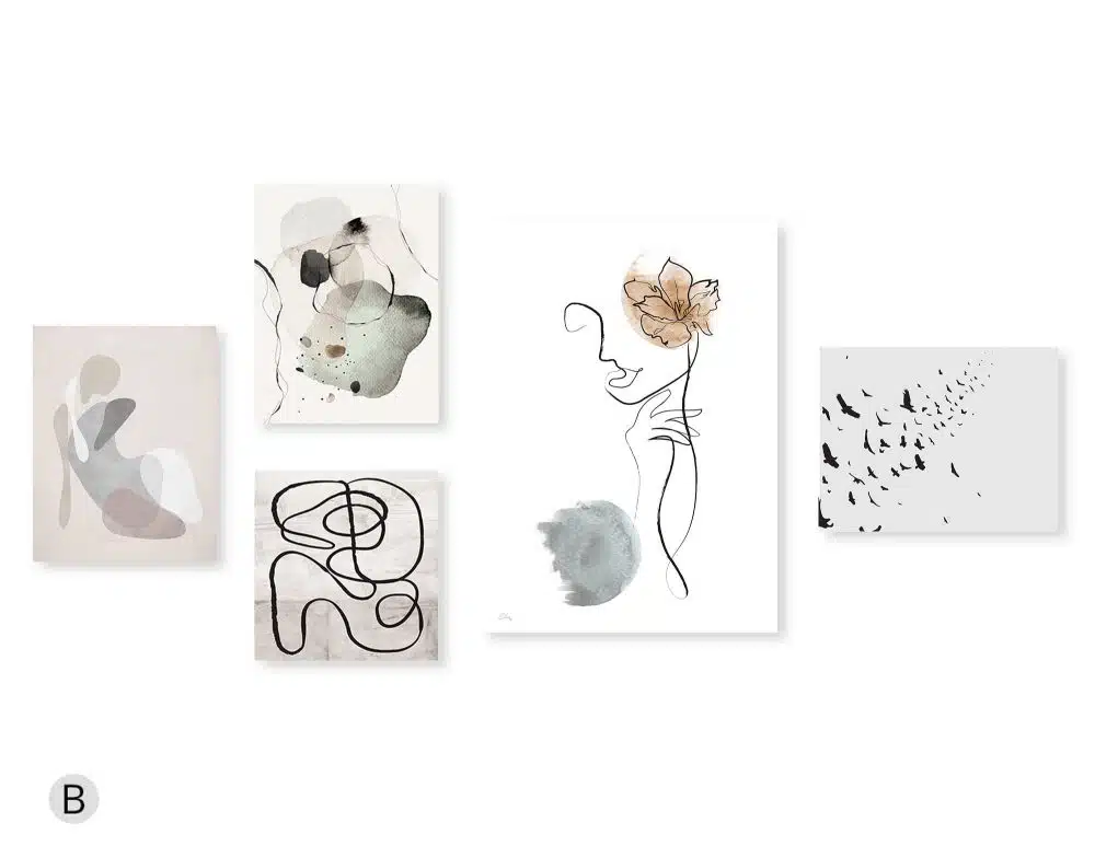 ⁦קולאז׳ תמונות Tender Vibes Gallery - חמישה הדפסי נייר ללא מסגרת בפורמט אורכי רוחבי וריבועי בגווני בז׳ אדמה עם נגיעות כחול מעושן ירוק⁩ – תמונה ⁦4⁩