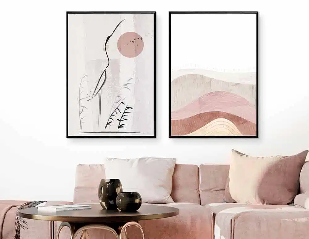 תמונות לסלון Tender Mood Duo Pink - איורים מקוריים של נוף וציפור בסגנון אבסטרקטי בגווני ורוד עתיק בז׳. יעוץ והדמיה חינם