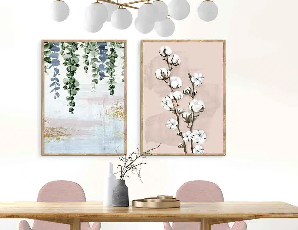 תמונות לסלון Soft Cotton & Fallen Leaves Pink Blue - שני איורים מקוריים בסגנון בוטני בגווני ורוד כחול ירוק זהב. במסגור אומנותי. יעוץ והדמיה חינם