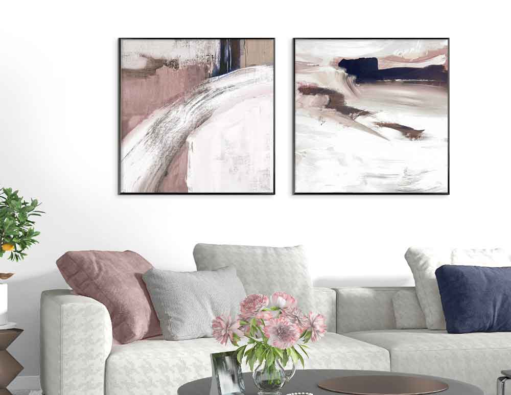 תמונות לסלון Landscape Pink Dark Blue Duo - איורים מקוריים בסגנון אבסטרקטי בגווני לבן בז׳ ונגיעות ורוד וכחול במסגור אומנותי במסגרות אלומיניום שחורות. מיוצר בישראל. התמונות ניתנות להתאמה אישית. הדמיה חינם - כנסו לאתר לגלות את המבחר!