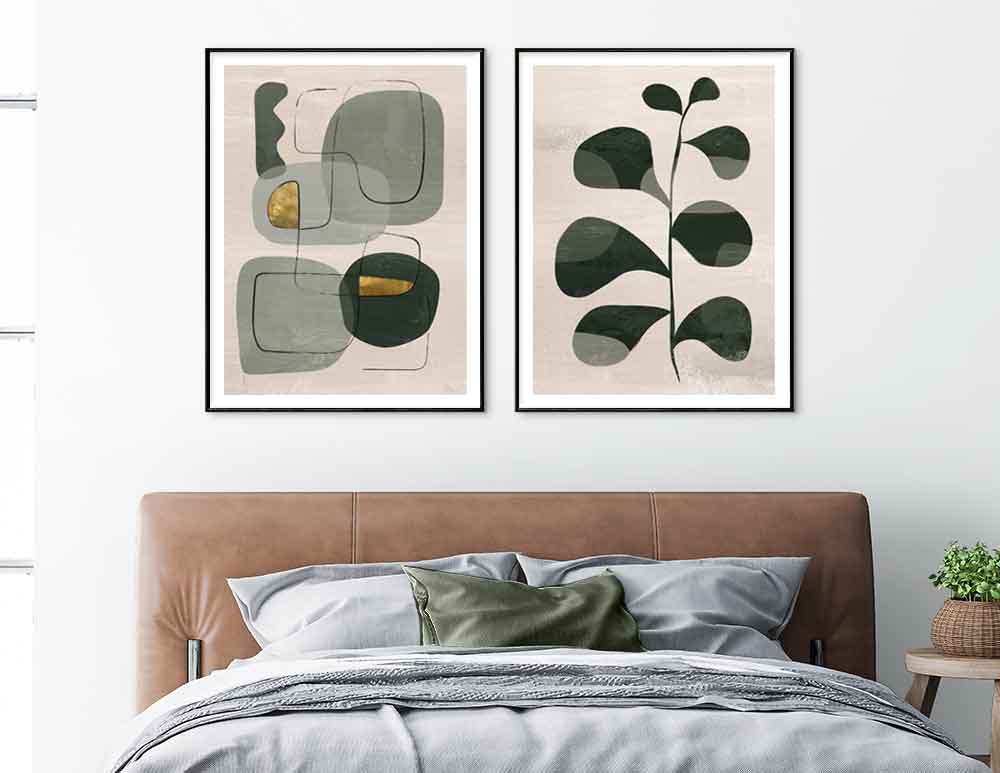 תמונות לחדר שינה באיור מקורי בסגנון מודרני אבסטרקטי בוטני בגוון ירוק בז׳