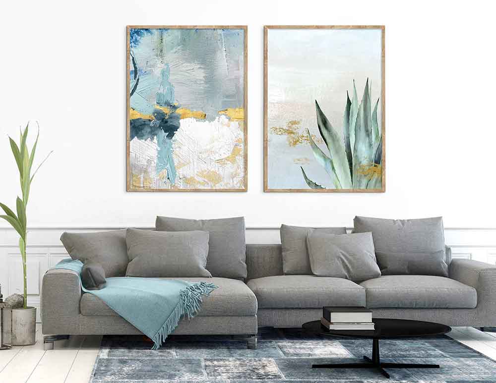 תמונות קנבס לסלון Emotional Nature Blue - איורים מקוריים בסגנון אבסטרקט בוטני בגווני כחול ירוק אפור עם נגיעות זהב. יעוץ והדמיה ללא עלות.