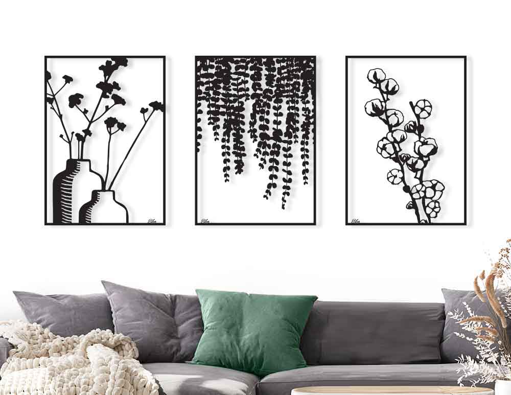 שלוש תמונות מתכת לקיר Birds of Steel Black איור מקורי של צמחים בסגנון בוטני מודרני מינימליסטי בגוון שחור. יראה נפלא וישדרג כל חלל. יעוץ והדמיה חינם - כנסו