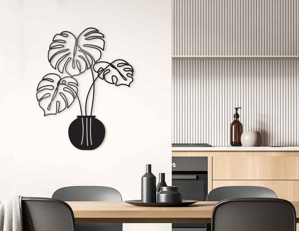 תמונת מתכת לקיר Leaves in a Vase Black איור מקורי של עלים באגרטל בסגנון בוטני מודרני מינימליסטי בגוון שחור. תראה נפלא ותשדרג כל חלל. יעוץ והדמיה חינם