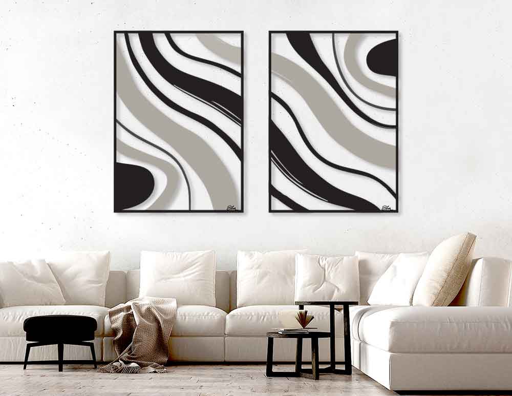 שתי תמונות מתכת לקיר Waves Duo Beige Black, איור מקורי בסגנון אבסטרקטי במראה מודרני מינימליסטי בגוון בז׳ ושחור. ישדרג כל חלל. יעוץ והדמיה חינם