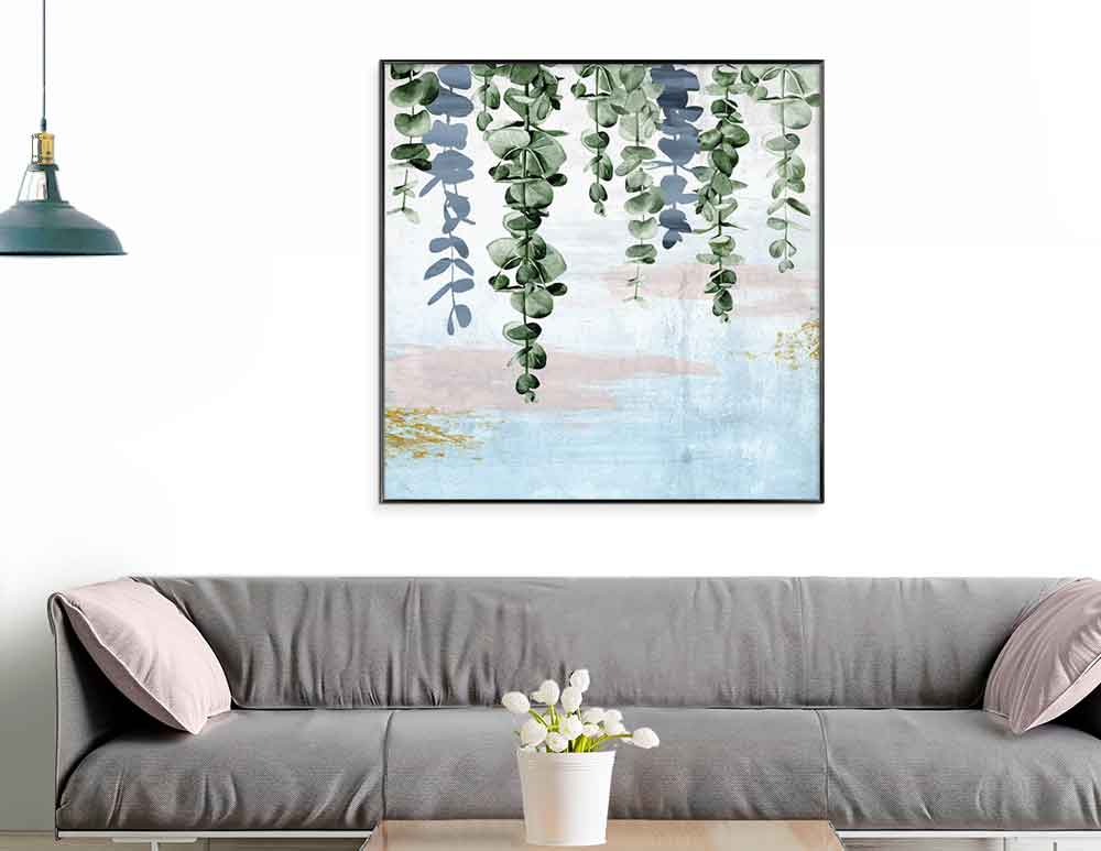 תמונה לסלון Fallen Leaves Blue Pink - איור מקורי בסגנון בוטני אבסטרקטי בגווני כחול ירוק עם נגיעות ורוד. יעוץ והדמיה חינם