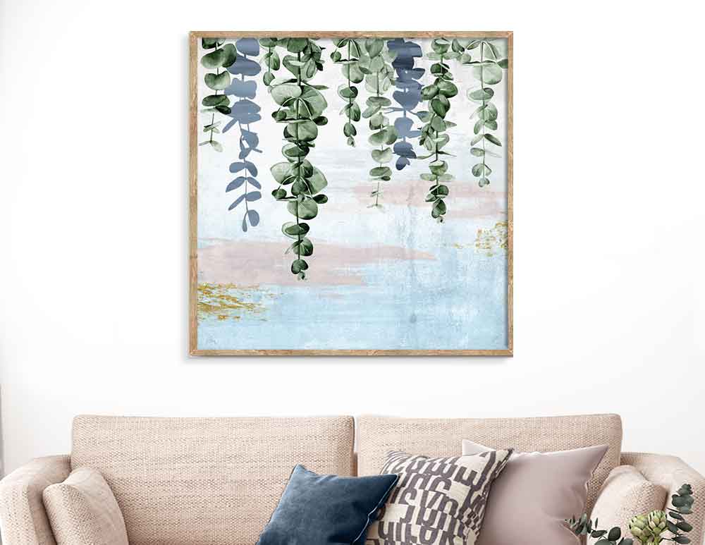 תמונה לסלון Fallen Leaves Blue Pink - איור מקורי בסגנון בוטני אבסטרקטי בגווני כחול ירוק עם נגיעות ורוד. יעוץ והדמיה חינם