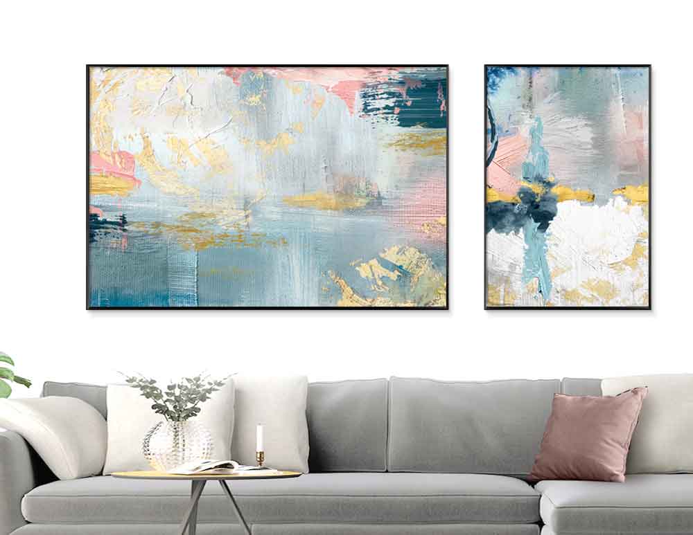 תמונות לסלון Emotional Serenity Duo Blue Pink - איורים מקוריים בסגנון אבסטרקטי בגווני כחול ורוד. ייעוץ והדמיה חינם
