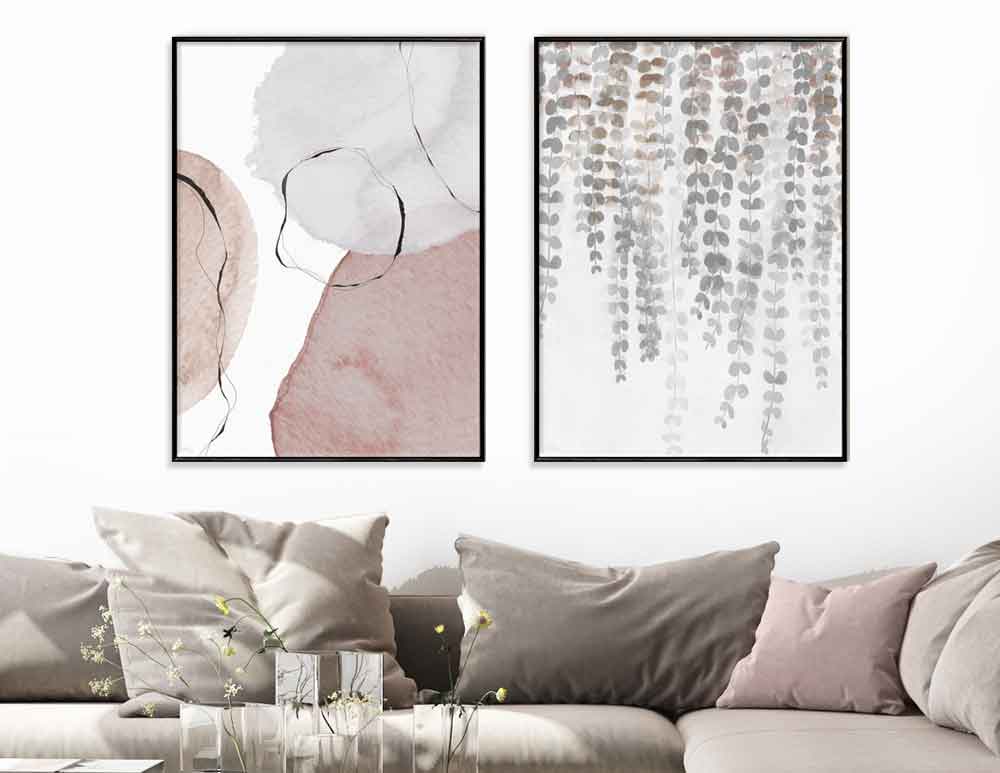 תמונות לסלון Tender River Duo Pink - שני איורים מקוריים בסגנון אבסטרקטי בוטני בגווני ניוד. יעוץ והדמיה ללא עלות