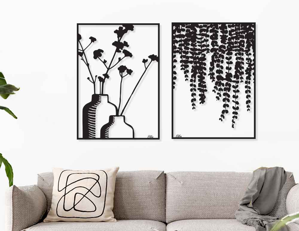 שתי תמונות מתכת לקיר Botanical Duo Black, איור מקורי בסגנון בוטני במראה מודרני מינימליסטי בגוון שחור. ישדרג כל חלל. יעוץ והדמיה חינם
