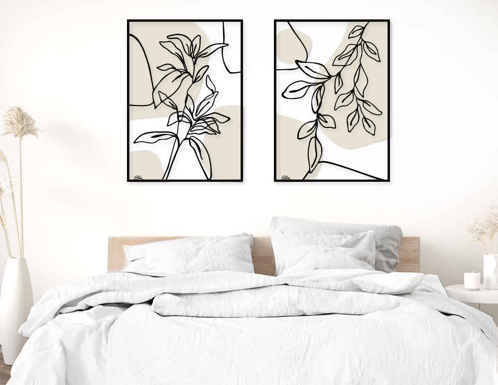 שתי תמונות מתכת לקיר Botanical Nordic Duo איור מקורי בסגנון אבסטרקטי בוטני בגוון בז׳ בהיר ושחור. ישדרג כל חלל. ניתן לבצע התאמות אישיות