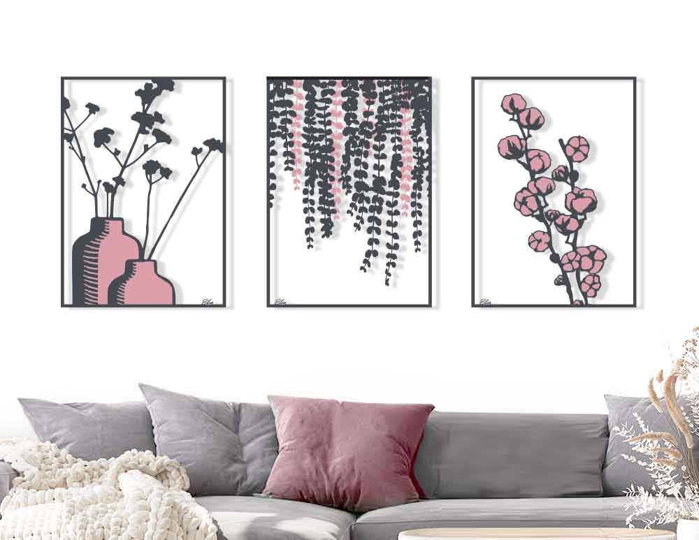 שלוש תמונות מתכת לקיר Birds of Steel Pink Grey איור מקורי של צמחים בסגנון בוטני מודרני מינימליסטי בגוון ורוד אפור. יראה נפלא בכל חלל. יעוץ והדמיה חינם