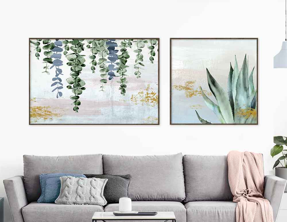 תמונות קנבס Fallen Leaves Nature Duo Blue Pink - איורים מקוריים בסגנון בוטני אבסטרקטי בגווני כחול ירוק ורוד זהב. יעוץ והדמיה ללא עלות - כנסו