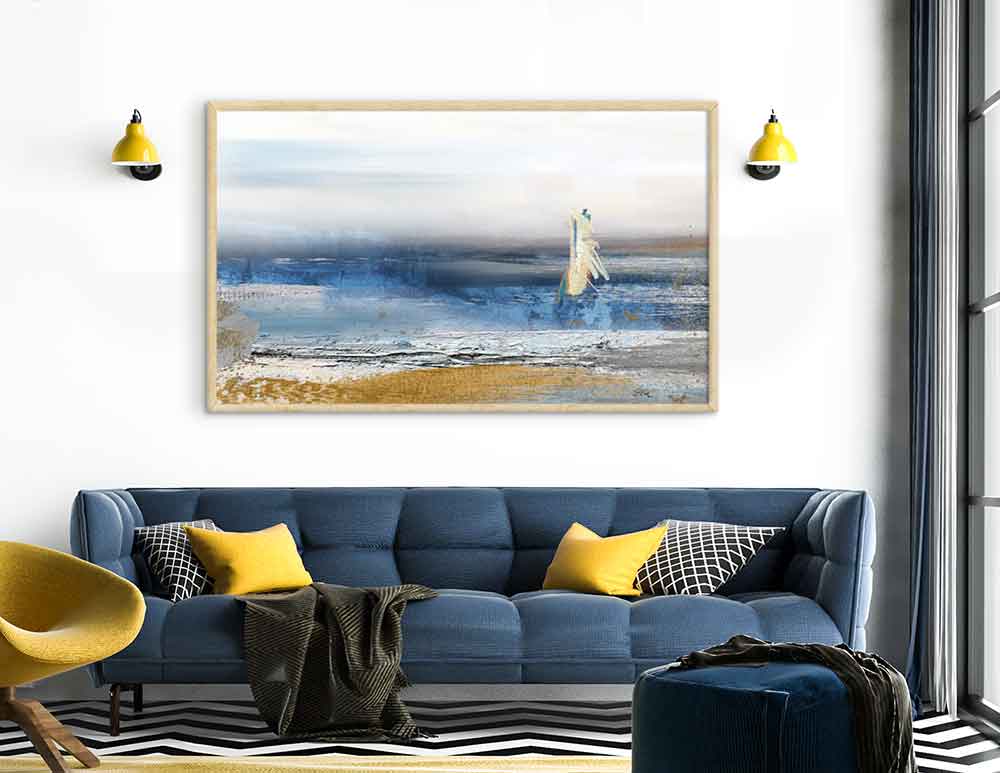 תמונת קנבס Wavy Shore - איור מקורי של ים בסגנון אבסטרקטי בגווני כחול חרדל אפור לבן עם נגיעות שחור זהב. יעוץ והדמיה ללא עלות - כנסו.