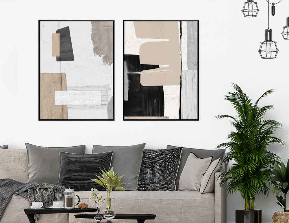 תמונות לסלון Coincidental Bits Duo White Beige - איורים מקוריים בסגנון אבסטרקטי בגווני לבן אפור אדמה בז׳ ניוד שחור. יעוץ והדמיה חינם - כנסו.