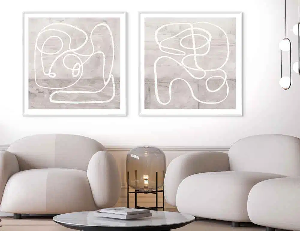 תמונות לסלון Peaceful Contemplation Duo Beige White - איור מקורי בסגנון אבסטרקטי מודרני, בגווני בז׳ לבן במסגור אומנותי. יעוץ והדמיה חינם - כנסו