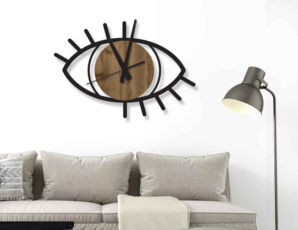 שעון קיר Wall Clock Eye Black Oak - שעון בעיצוב מקורי ממתכת ועץ בגווני שחור ועץ אלון. מנגנון קוורץ איכותי. יעוץ והדמיה חינם - כנסו
