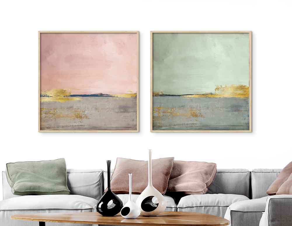 תמונות לבית Horizon Duo Pink Green - איור מקורי בסגנון אבסטרקטי מודרני, בגווני ורוד ירוק אפור עם נגיעות כחול כהה וזהב. יעוץ והדמיה חינם - כנסו
