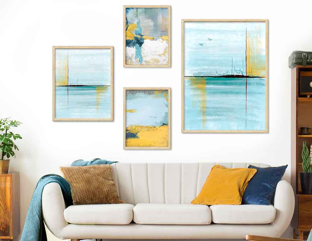 תמונות קנבס Ocean Quatro Blue Yellow - קולאז׳ ארבעה איורים מקוריים של ים וצמחים בסגנון אבסטרקטי בוטני.בגווני טורקיז כחול צהוב ירוק