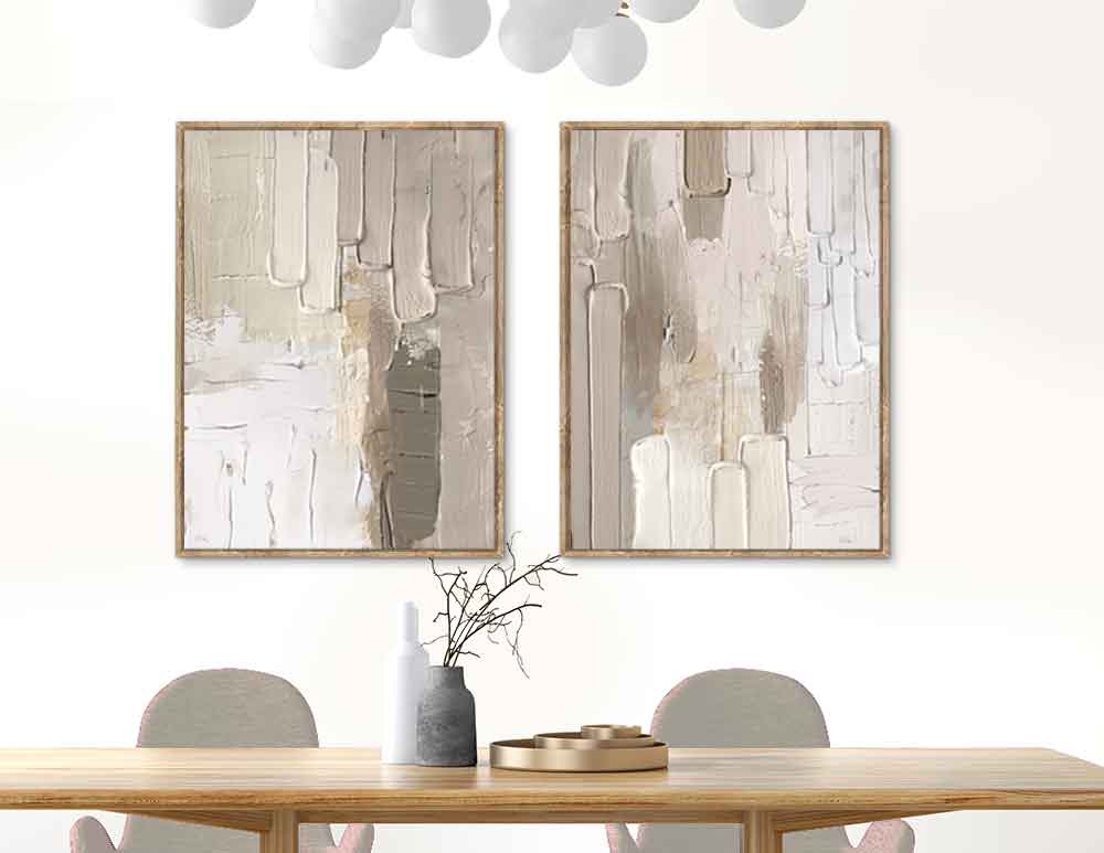 תמונות לבית Calm Beige Grey Duo - שני איורים מקוריים בסגנון אבסטרקטי בגווני בז׳ אפור אדמה. יעוץ והדמיה חינם - פנו אלינו.