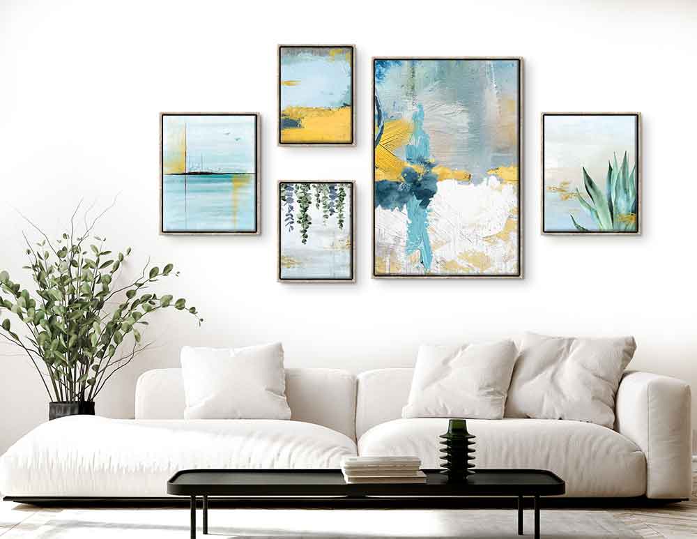 קולאז׳ תמונות Abstract Botanic Gallery Blue Yellow - איורים מקוריים בסגנון אבסטרקטי בוטני בגווני כחול ירוק צהוב. ניתן לקבל ייעוץ והדמיה ללא עלות.