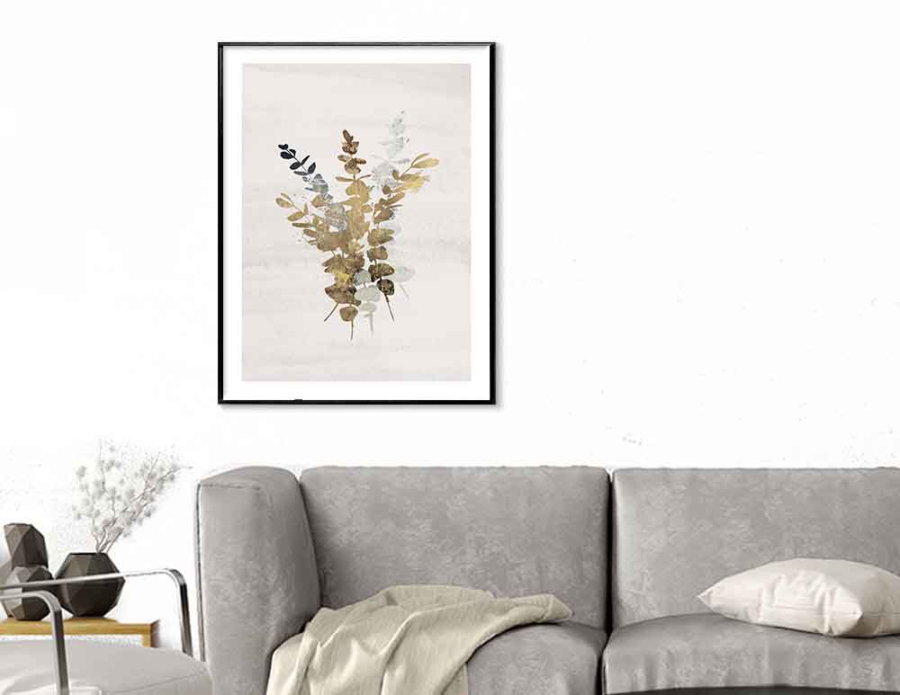 Golden Bouquet Beige - איור מקורי של זר בסגנון בוטני, אבסטרקטי מינימליסטי, בגווני בז׳ בהיר וזהב. ליעוץ והדמיה ללא עלות - כנסו.