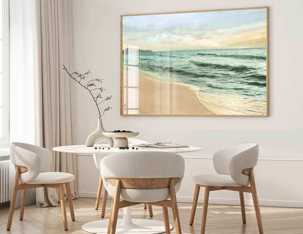 תמונה לסלון Summer Beach Beige Mint Saturated - איור מקורי של ים בסגנון מינימליסטי נורדי בגווני בז׳ עם נגיעות מנטה. יעוץ והדמיה ללא עלות - כנסו.