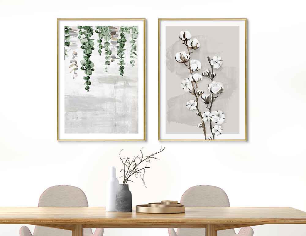 תמונות לבית בהנחה Soft Cotton & Fallen Leaves Beige Outlet - שני איורים מקוריים מודפסים על נייר בגודל 60/80 ס״מ, במסגרות זהב בחיפוי זכוכית. אחרונים במלאי.