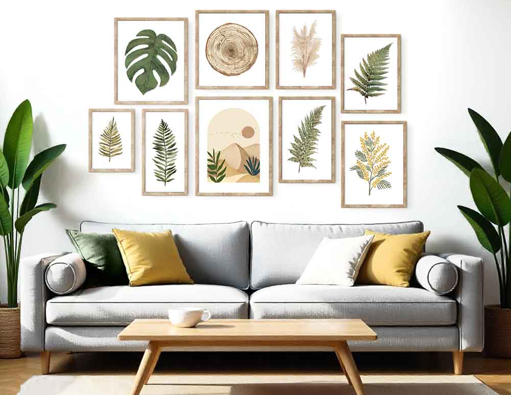 קולאז׳ תמונות Botanical Boho Gallery Green Yellow - סט 9 איורים מקוריים בסגנון אבסטרקטי בוטני בגווני ירוק צהוב בז׳. הדמיה ללא עלות - פנו אלינו.