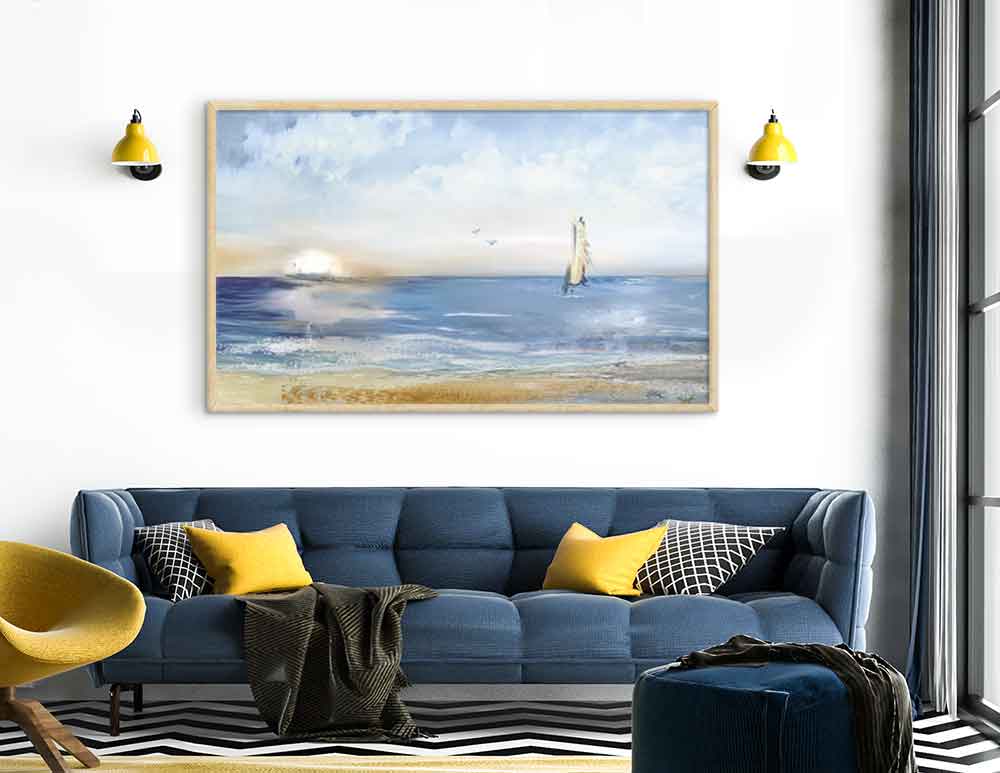 תמונה לסלון Sunset Blue Yellow - איור מקורי של ים ושקיעה בסגנון אבסטרקטי בגווני כחול חרדל אפור לבן עם נגיעות שחור זהב. יעוץ והדמיה ללא עלות - כנסו.